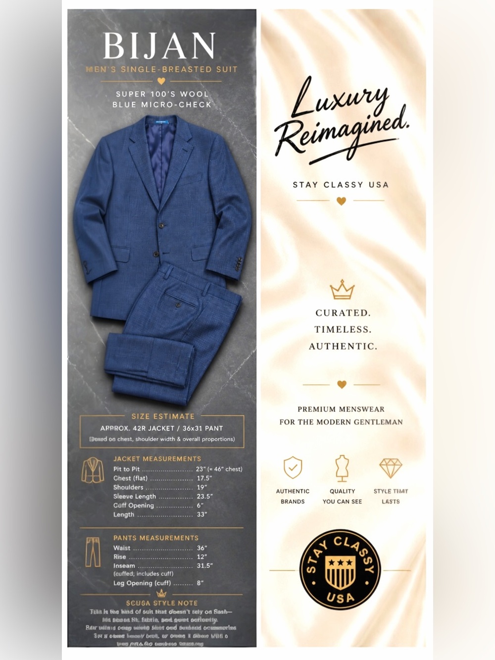 Bijan Men’s Navy Micro-Check Suit | Super 100’s Wool | Luxury Italian Tailoring - Picture 16 of 16